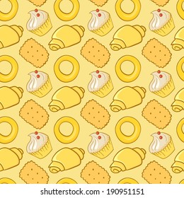 Seamless pattern delicious pastries, croissants, biscuits, a doodle-style, colorful food background