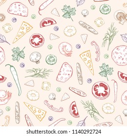 Seamless pattern with delicious pizza toppings or ingredients hand drawn with colorful contour lines on light background. Realistic vector illustration for wrapping paper, backdrop, fabric print