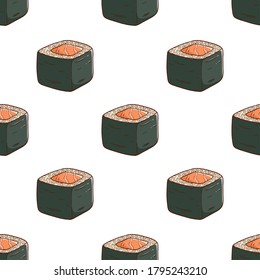 seamless pattern of delicious sushi with colored hand drawn style