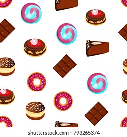 Seamless pattern, Delicious sweets, cakes and chocolate, cartoon on white background, vector