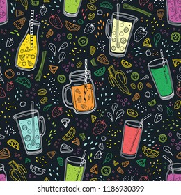 Seamless pattern with delicious vegan drinks, tasty juices or smoothies made of berries, fruits and vegetables on black background. Vector illustration for wrapping paper, fabric print, wallpaper.