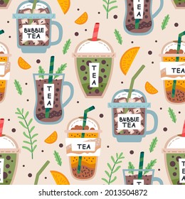 Seamless pattern with delicious vegan drinks, tasty juices or smoothies made of berries, Bubble tea cup. Vector illustration for wrapping, fabric print, wallpaper. Pearl milk tea, Taiwan milk tea