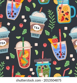 Seamless pattern with delicious vegan drinks, tasty juices or smoothies made of berries, Bubble tea cup. Vector illustration for wrapping, fabric print, wallpaper. Pearl milk tea, Taiwan milk tea