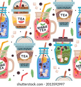 Seamless pattern with delicious vegan drinks, tasty juices or smoothies made of berries, Bubble tea cup. Vector illustration for wrapping, fabric print, wallpaper. Pearl milk tea, Taiwan milk tea