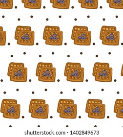 Seamless pattern with delicious waffles with currant berries on a white background. Vector illustration.