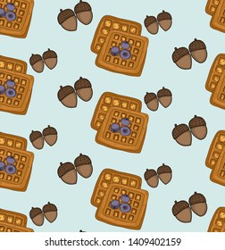 
Seamless pattern with delicious waffles on a blue background with cozy acorns. Vector illustration.