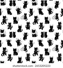 Seamless pattern with A delightful collection of cute black cats, each representing a different zodiac sign