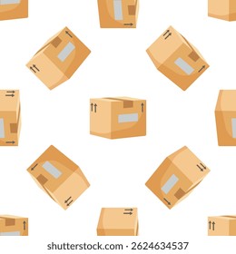 Seamless pattern of delivery cardboard boxes rotating on white background, perfect for e commerce and shipping related designs