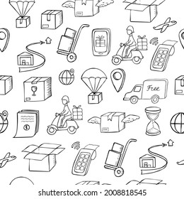 Seamless pattern of delivery icons on a white background in doodle style. Free, safe, international, delivery of large and small goods. Postal items. Vector background for your business.