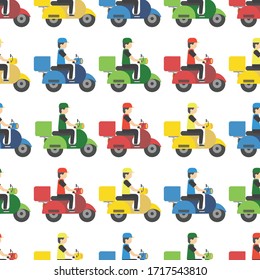 Seamless pattern delivery service man riding a scooter in green, red, yellow and blue. Food delivery. Fast worldwide shipping