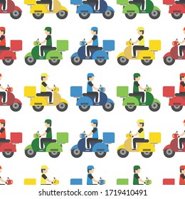 Seamless pattern delivery service man riding a scooter in green, red, yellow and blue. Food delivery. Fast worldwide shipping
