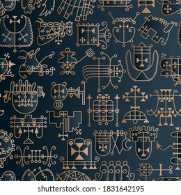 Nahtloses Muster mit Dämonensymbolen und ihren Signillen. Kollektion Occult sings. Vektorgrafik.