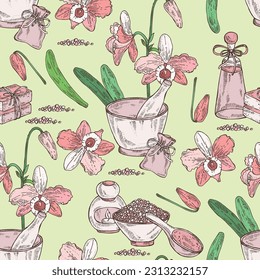 Seamless pattern with dendrobium nobile: leaves, dendrobium nobile flowers and orchid plant. Oil, soap and bath salt . Cosmetics and medical plant. Vector hand drawn illustration