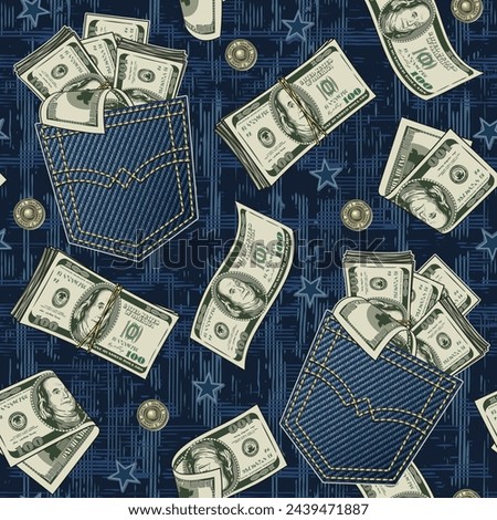 Seamless pattern with denim back pocket, 100 USD dollar notes, scattered jeans buttons, rivets, buttons. Blue grunge abstract texture with criss crossed lines on background. Vintage style