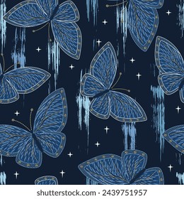 Seamless pattern with denim butterfly, smudged, smeared paint, small stars. Boho mystery design. Random composition.