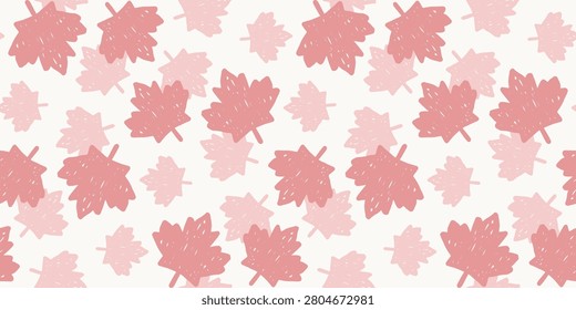 Seamless pattern of dense hand drawn pink and red maple leaves overlapping
