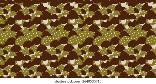 Seamless pattern of densely packed cartoon mushrooms with brown and olive green spotted caps, creating all over print. Ideal for whimsical or natural designs, kitchen decor, autumnal themes.