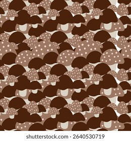 Seamless pattern of densely packed cartoon mushrooms with light brown caps and pink spots, creating a striped, all-over vector print. Ideal for whimsical or natural designs.