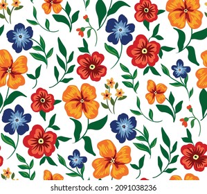 Seamless pattern with densely spaced single painted plants on a white background. Floral pattern with various small wild flowers and leaves. Colorful floral print. Vector.