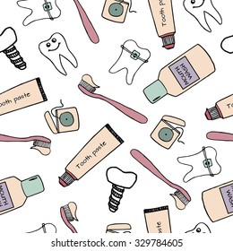 Seamless pattern with dental care instruments: tooth paste, tooth brush, smiling teeth, tooth with braces, dental floss, mouth wash and implant.Vector illustration. Repeating pattern, dental clinic. 