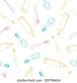 Seamless Pattern With Dental Care Instruments: Tooth Brush For Kids,  Electric Tooth Brush, Tooth Paste Tube. Vector Illustration. Repeating Pattern For Dental Clinic In Colors: Green, Yellow, Pink.