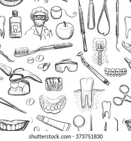 Seamless Pattern With Dental Care Instruments- Tooth Paste, Tooth Brush, Smiling Teeth, Tooth With Braces, Dental Floss, Mouth Wash And Implant. Vector Illustration. Repeating Pattern, Dental Clinic.