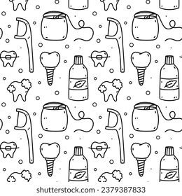 Seamless pattern with dental care items - mouthwash, dental floss, healthy teeth, implants, braces. Oral hygiene. Vector doodle hand-drawn illustration. Perfect for print, wallpaper, decorations.