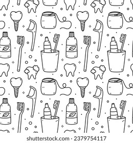 Nahtlose Muster mit Dentalpflegeartikeln - Mundwäsche, Zahnseide, Zahnpasta und Zahnbürsten. Mundhygiene. Vektorhandgezeichnete Illustration im Doodle-Stil. Perfekt für Druck, Tapeten, Dekorationen.