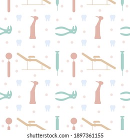 Seamless Pattern Dental Care, Orthodontics with Line Icons. Dentist, Medical Equipment, Braces, Tooth Prosthesis, Floss, Caries Treatment, Toothpaste. 