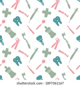 Seamless Pattern Dental Care, Orthodontics with Line Icons. Dentist, Medical Equipment, Braces, Tooth Prosthesis, Floss, Caries Treatment, Toothpaste. 