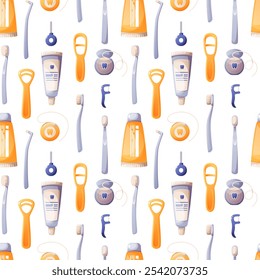 Seamless pattern of dental care set, oral hygiene products. Toothpaste, toothbrush, dental floss, interdental brushes, tongue depressor. Dental care, teeth cleaning. Repeating vector pattern.