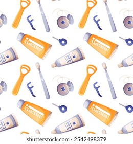 Seamless pattern of dental care set, oral hygiene products. Toothpaste, manual toothbrush, dental floss, interdental brushes, tongue depressor. Dental care, teeth cleaning. Repeating vector pattern.