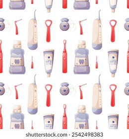 Seamless pattern of dental care set, oral hygiene products. Toothpaste, electric toothbrush, dental floss, interdental brushes, tongue depressor, irrigator, mouthwash. Repeating vector pattern.