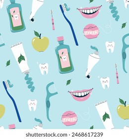 Seamless pattern of dental health care items. Vector graphics.