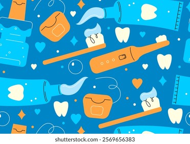 Seamless pattern for Children’s Dental Health Month. Dentist Day background, texture. Stomatology, dentist and dental care clinic. Good oral hygiene at an early age and visiting the dentist regularly