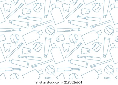 seamless pattern with dental hygiene products, toothbrush, dental floss, toothpaste, liquid mouthwash outline icons- vector illustration