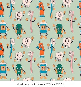 Seamless pattern with Dental instruments and teeth hygiene items in retro cartoon style illustration, vintage character vector illustration . Toothpaste, brush, floss, mouthwash, tooth
