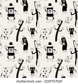 Seamless Pattern with Dental instruments and teeth hygiene items in retro cartoon style illustration in black and white color. Toothpaste, brush, floss, mouthwash, tooth