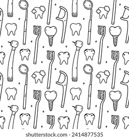 Patrón sin soldadura con elementos dentales - hilo dental, cepillo de dientes, dientes, implantes, taladro dental y espejo. Higiene oral. Ilustración del doodle dibujada a mano por vectores. Ideal para imprimir, papel pintado, decoraciones.