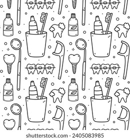 Patrón sin soldadura con elementos dentales - enjuague bucal, cepillo de dientes, pasta dental, dientes, implantes, cepas. Higiene oral. Ilustración del doodle dibujada a mano por vectores. Ideal para imprimir, papel pintado, decoraciones.