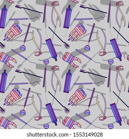 seamless pattern. dental kit, teeth, tools, tube of toothpaste, toothbrush. eps10 vector illustration. hand drawing