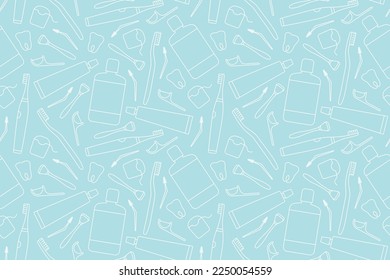 seamless pattern with dental, oral care products, toothbrush, tongue cleaner, mouthwash, paste, floss, outline icons- vector illustration