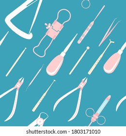 Seamless pattern with dental tools or instruments.Orthodontic prosthetics,filling,treatment of diseases of the oral cavity and caries.Tweezers,probe,spatula,dentalcrown micrometer.Print for planner