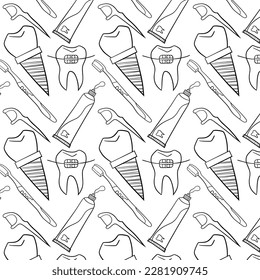 seamless pattern with dental pattern, toothbrush, implant, tooth bracket, paste, dentist tools outline icons- vector illustration
