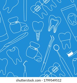 Seamless pattern dental treatment of healthy and sick teeth jaw dental tools graphic white color vector illustration.
