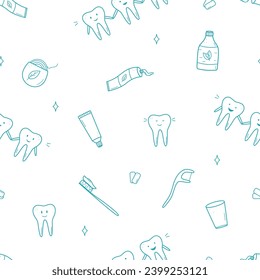 Seamless Pattern Dentistry set icons. Vector illustration of elements for the treatment and care of teeth. Background wallpaper.