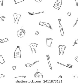 Iconos del conjunto de patrones de diseño sin problemas. Ilustración vectorial de elementos para el tratamiento y cuidado de dientes. Fondo de pantalla de fondo.