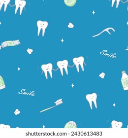 Seamless Pattern Dentistry set icons. Vector illustration of elements for the treatment and care of teeth. Background wallpaper.