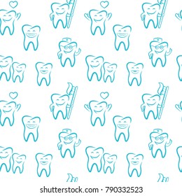 Seamless pattern of dentistry symbols: dental tools, braces, teeth, implant, toothache, hygiene, tooth decay, family dental