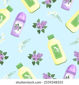 Seamless pattern of deodorant,shampoo,chamomile flowers,lilac branch on a pale blue background.Vector pattern of cosmetic products.